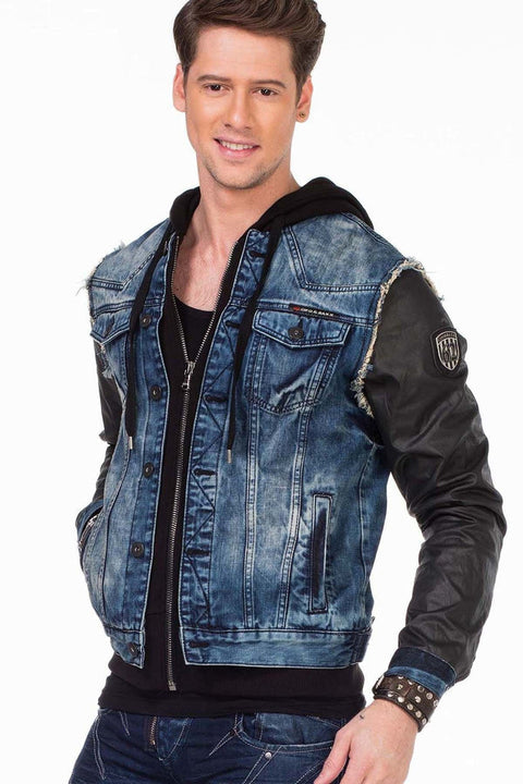 C-1290 Leather Sleeves Hooded Denim Jacket
