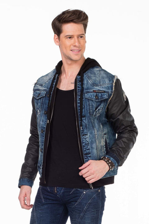 C-1290 Leather Sleeves Hooded Denim Jacket