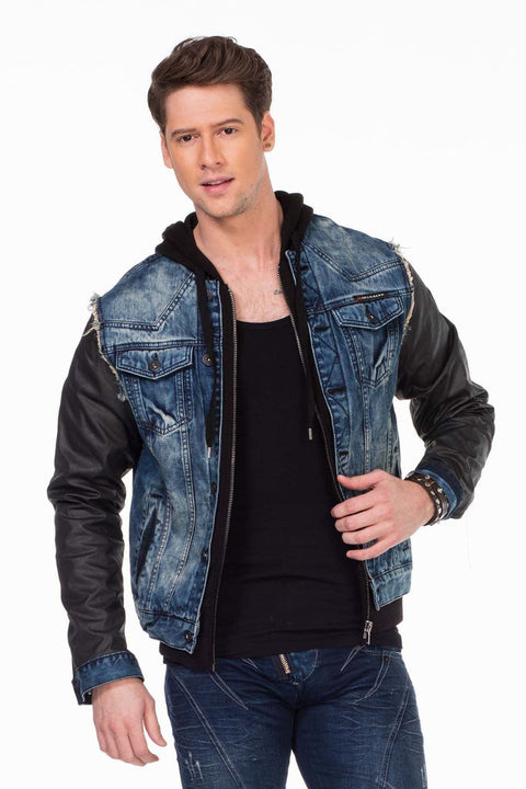 C-1290 Leather Sleeves Hooded Denim Jacket
