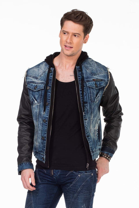 C-1290 Leather Sleeves Hooded Denim Jacket