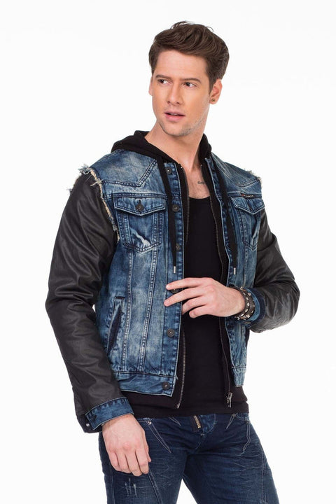 C-1290 Leather Sleeves Hooded Denim Jacket