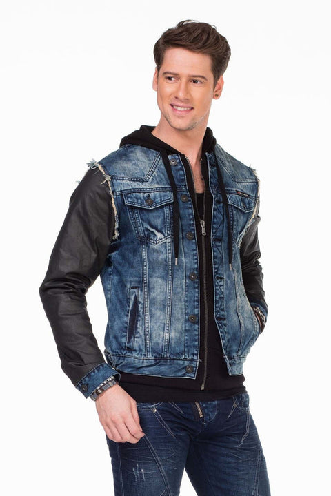 C-1290 Leather Sleeves Hooded Denim Jacket