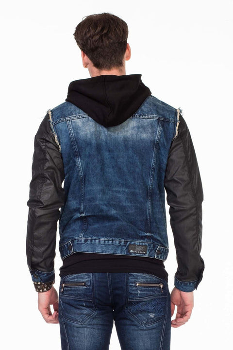 C-1290 Leather Sleeves Hooded Denim Jacket