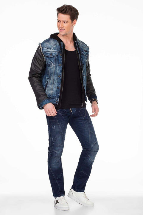 C-1290 Leather Sleeves Hooded Denim Jacket