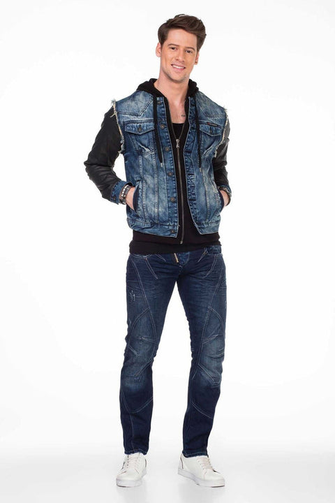 C-1290 Leather Sleeves Hooded Denim Jacket