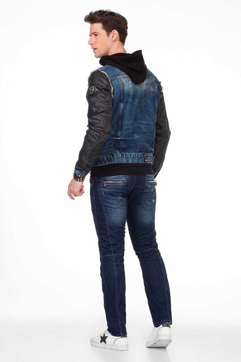 C-1290 Leather Sleeves Hooded Denim Jacket