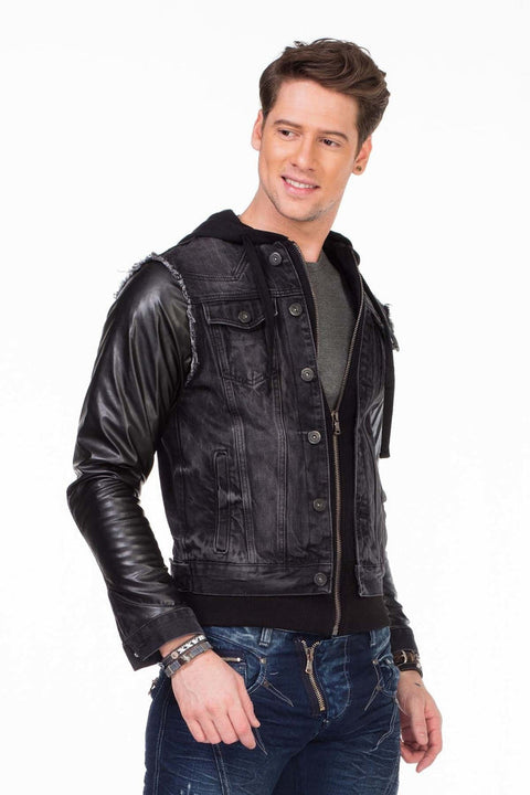 C-1290 Leather Sleeves Hooded Denim Jacket