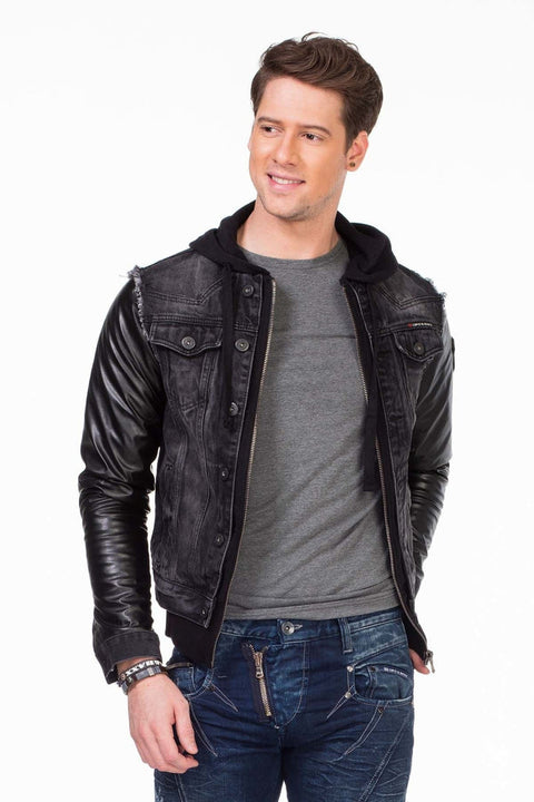 C-1290 Leather Sleeves Hooded Denim Jacket