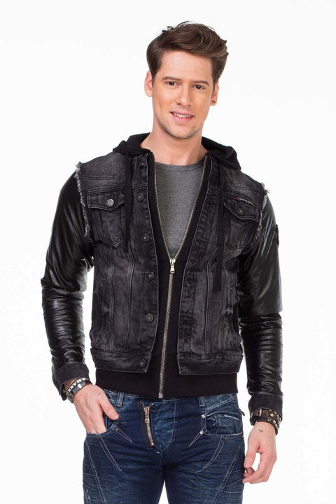 C-1290 Leather Sleeves Hooded Denim Jacket