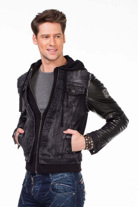 C-1290 Leather Sleeves Hooded Denim Jacket