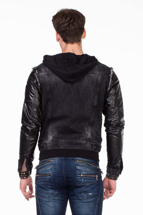 C-1290 Leather Sleeves Hooded Denim Jacket