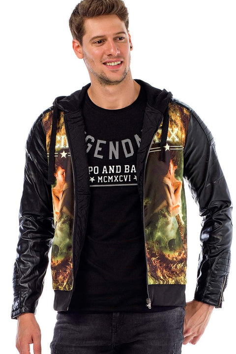 C44610 Leather Sleeve Hooded Men's Jacket