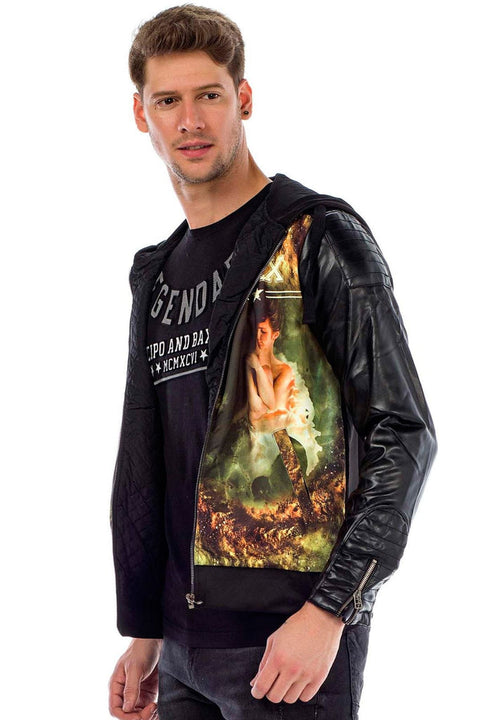 C44610 Leather Sleeve Hooded Men's Jacket
