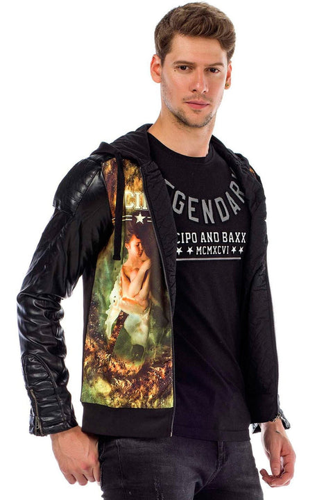 C44610 Leather Sleeve Hooded Men's Jacket
