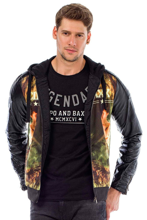 C44610 Leather Sleeve Hooded Men's Jacket
