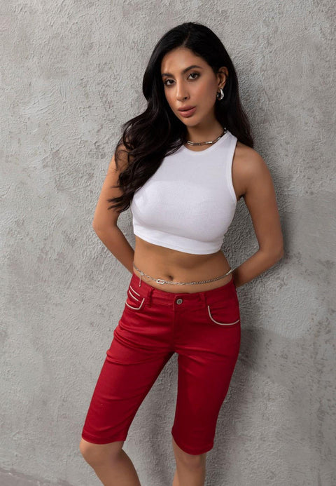 WK196 Contrast Pocket Piping Detailed Women's Capri