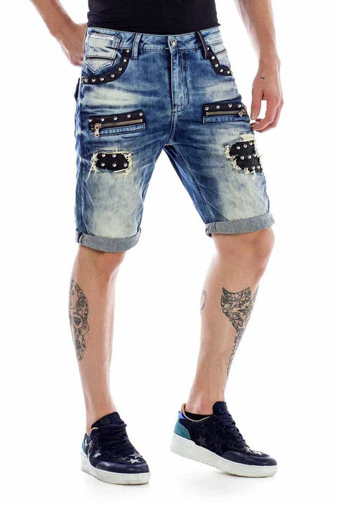 CK181 Metal Embroidered Ripped Patch Denim Capri Shorts