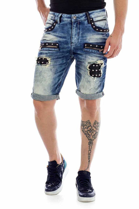 CK181 Metal Embroidered Ripped Patch Denim Capri Shorts