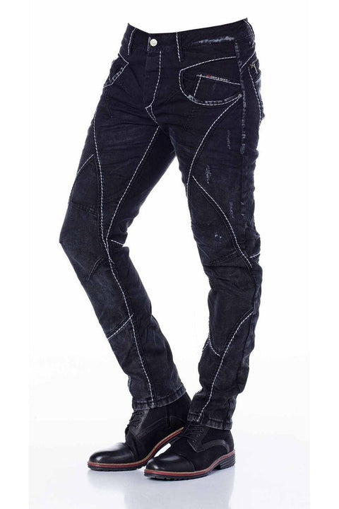 CD288 Pieced Stitched Biker Style Jeans Trousers