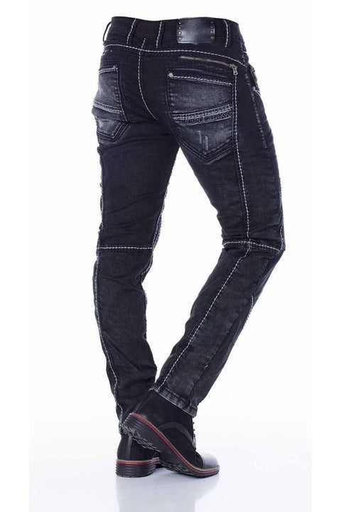 CD288 Pieced Stitched Biker Style Jeans Trousers
