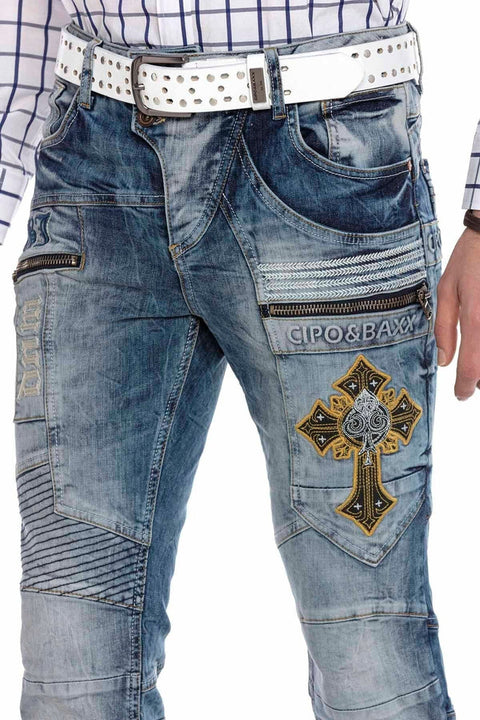 CD293 Stitching Detailed Embroidered Men's Jean Trousers
