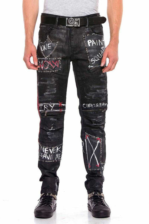 CD571 Striped Painted Metal Drop Regular Fit Jean Trousers
