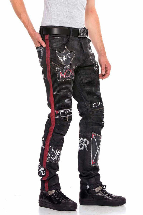 CD571 Striped Painted Metal Drop Regular Fit Jean Trousers