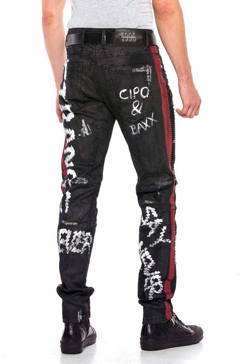 CD571 Striped Painted Metal Drop Regular Fit Jean Trousers