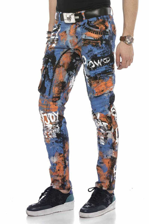 CD587 Men's Colorful Painting Cargo Pocket Jeans
