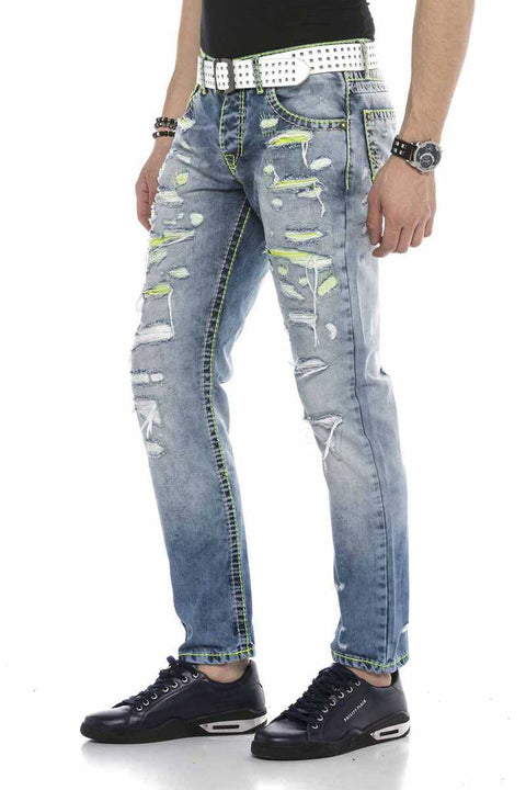 CD605 Neon Green Ripped Ice Blue Men's Jean Trousers
