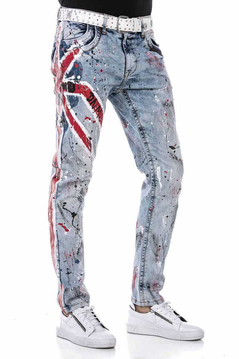 CD684 Skull Hand Painted Ice Blue Men's Jean Trousers