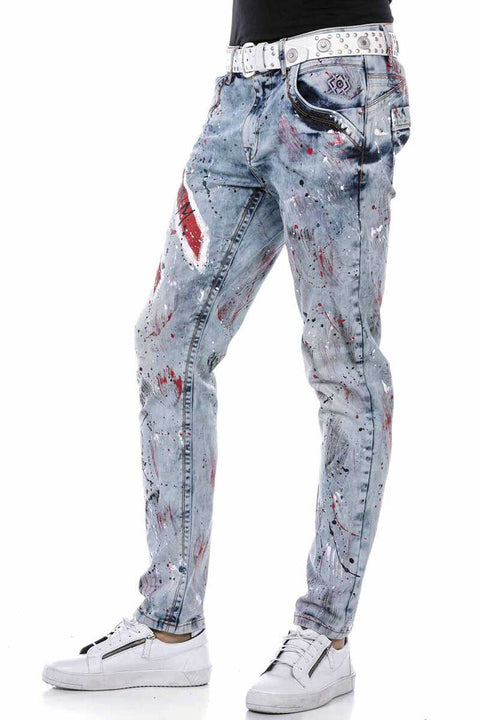 CD684 Skull Hand Painted Ice Blue Men's Jean Trousers
