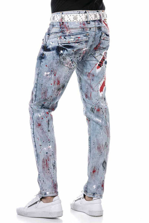 CD684 Skull Hand Painted Ice Blue Men's Jean Trousers