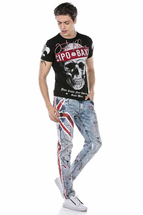CD684 Skull Hand Painted Ice Blue Men's Jean Trousers