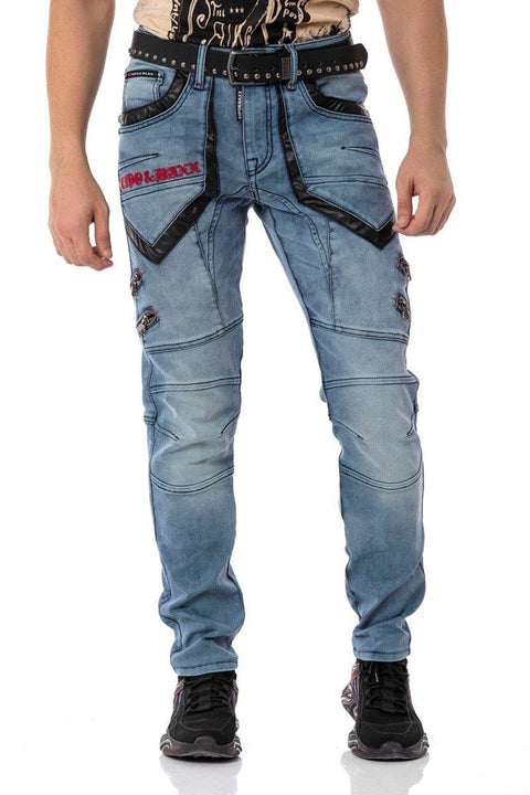 CD795 Biker Style Leather Detailed Men's Jean Trousers