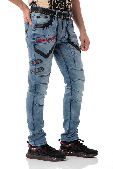 CD795 Biker Style Leather Detailed Men's Jean Trousers