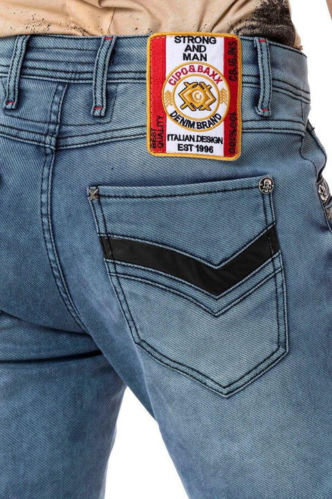 CD795 Biker Style Leather Detailed Men's Jean Trousers