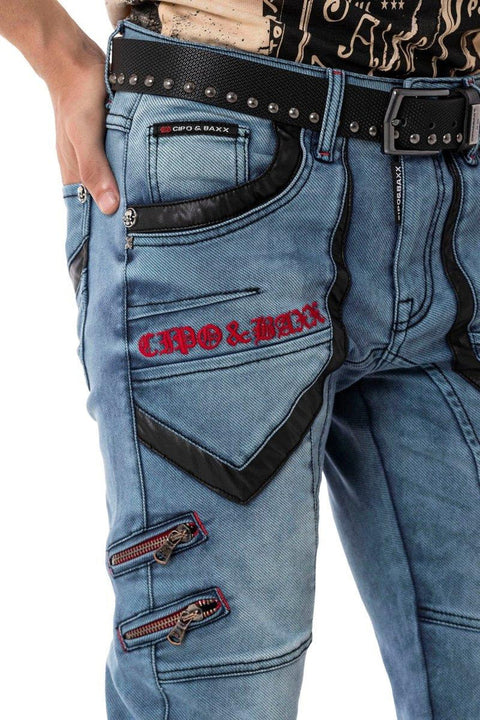 CD795 Biker Style Leather Detailed Men's Jean Trousers