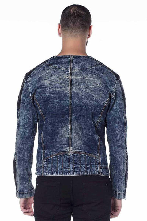 CJ135 Dark Leather Detailed Biker Style Men's Denim Jacket