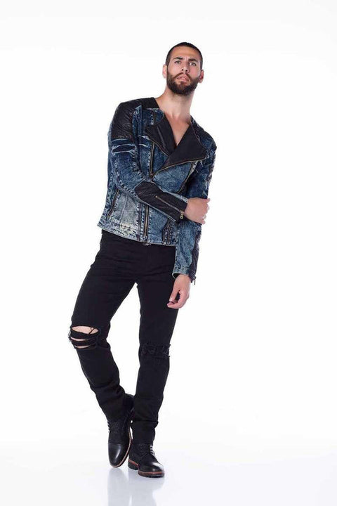 CJ135 Dark Leather Detailed Biker Style Men's Denim Jacket