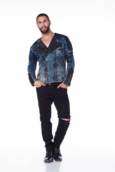 CJ135 Dark Leather Detailed Biker Style Men's Denim Jacket