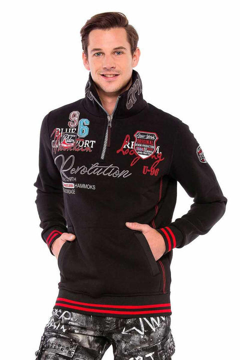 CL377 Vertical Zipper Collar Written Embroidered Thick Sweatshirt