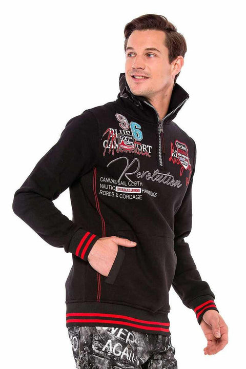 CL377 Vertical Zipper Collar Written Embroidered Thick Sweatshirt