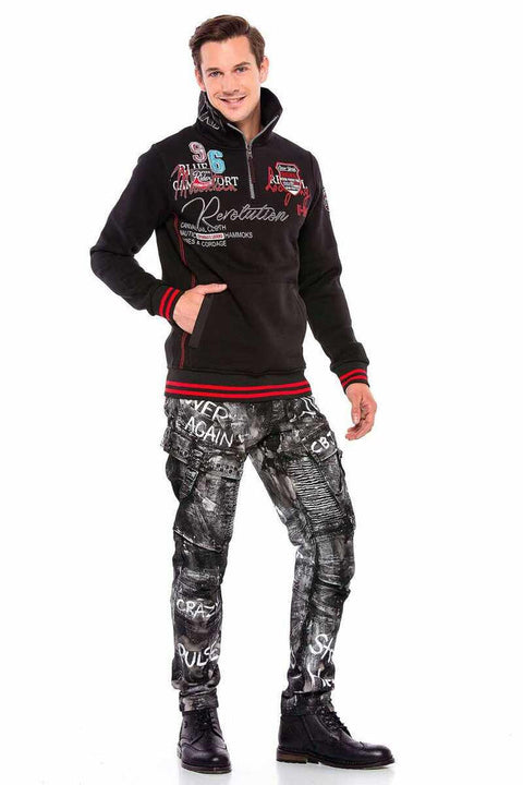 CL377 Vertical Zipper Collar Written Embroidered Thick Sweatshirt