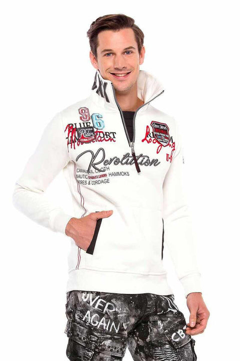 CL377 Vertical Zipper Collar Written Embroidered Thick Sweatshirt
