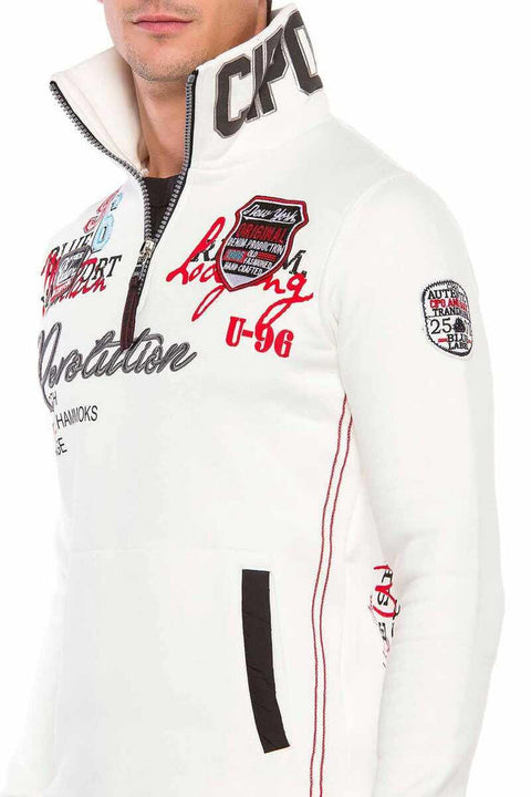 CL377 Vertical Zipper Collar Written Embroidered Thick Sweatshirt