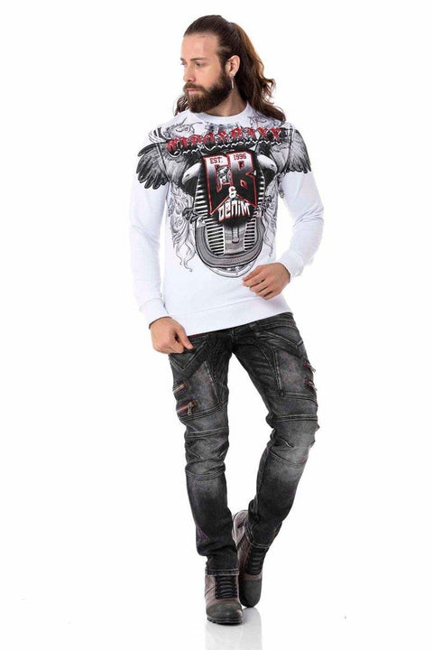 Cl515 Eagle Patterned White Thick Sweatshirt
