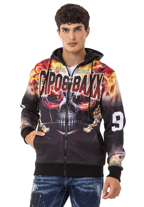 CL546 Skull and Flame Printed Men's Zip Sweatshirt
