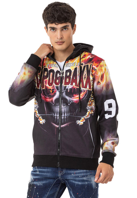 CL546 Skull and Flame Printed Men's Zip Sweatshirt