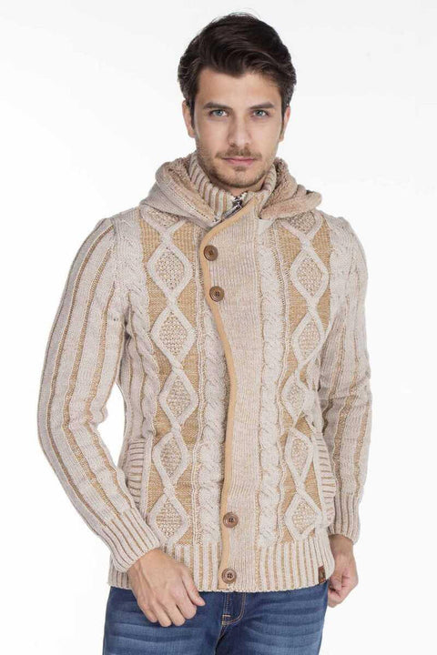 CP161 High Collar Buttoned Hooded Patterned Men's Cardigan